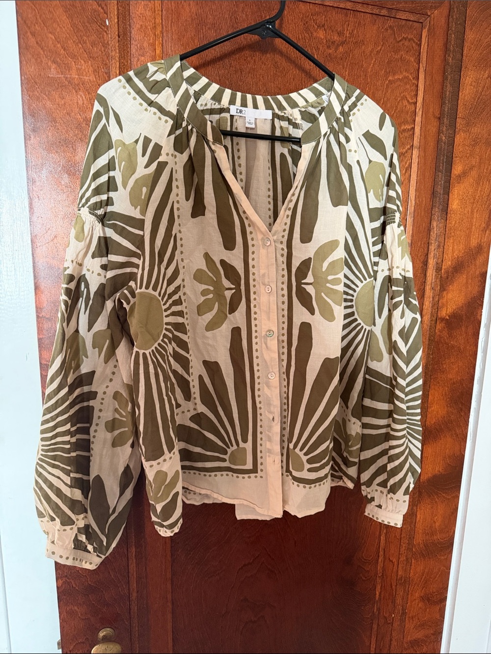 DR2 Olive and Cream Botanical Button-Front Women's Blouse